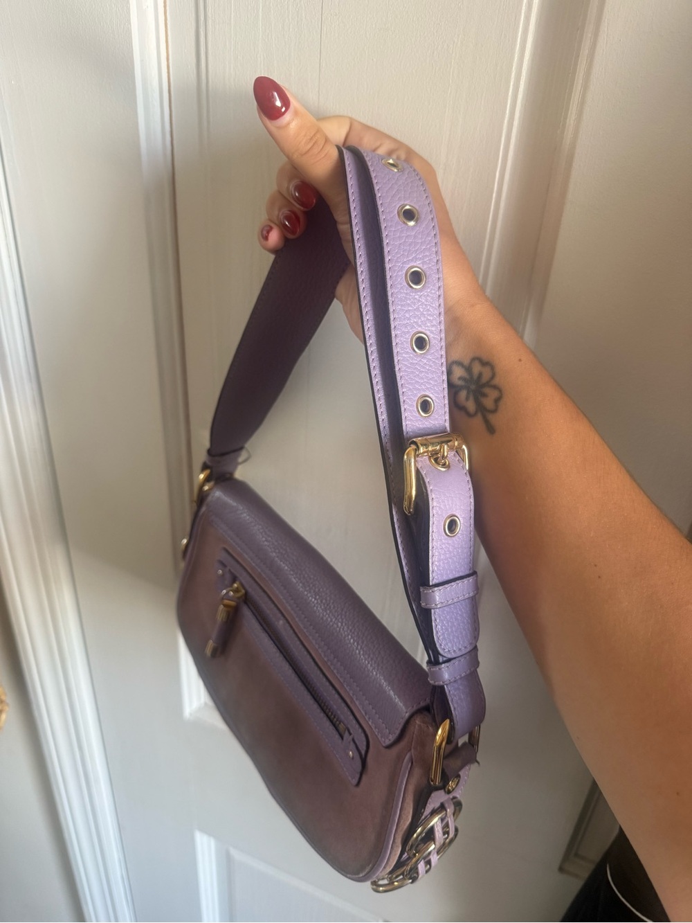Versace Lavender and Brown Leather Shoulder Bag with Gold Medallion - Picture 3 of 5